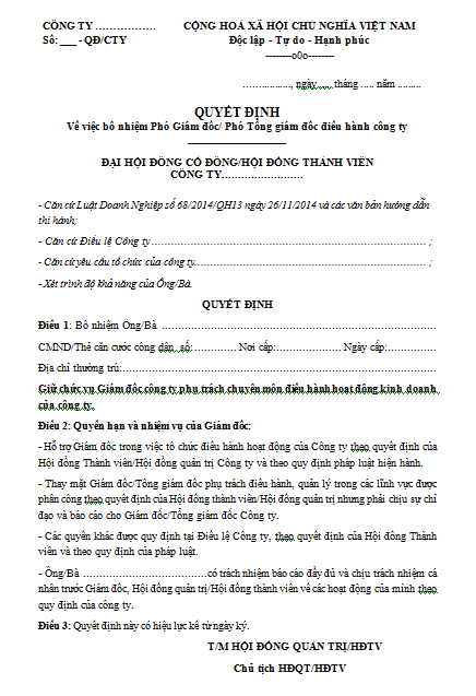 Mẫu Quyết định bổ nhiệm phó giám đốc công ty