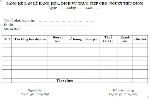 Bảng kê bán lẻ hàng hóa, dịch vụ trực tiếp cho người tiêu dùng trong công ty TNHH một thành viên