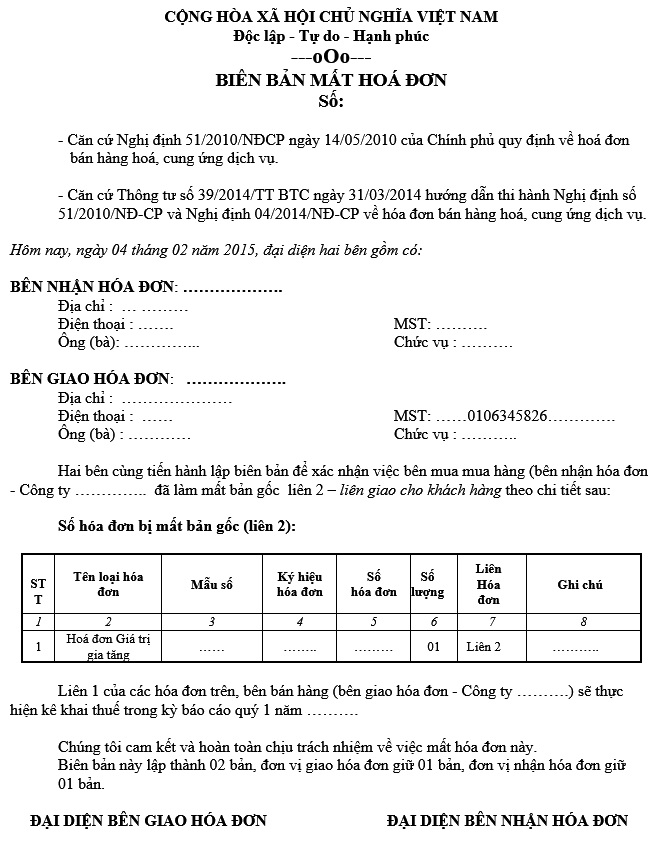 Biên bản mất hóa đơn trong công ty TNHH một thành viên