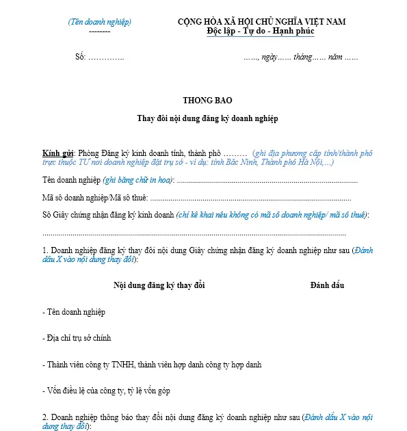 Mẫu thông báo thay đổi kế toán trưởng của doanh nghiệp