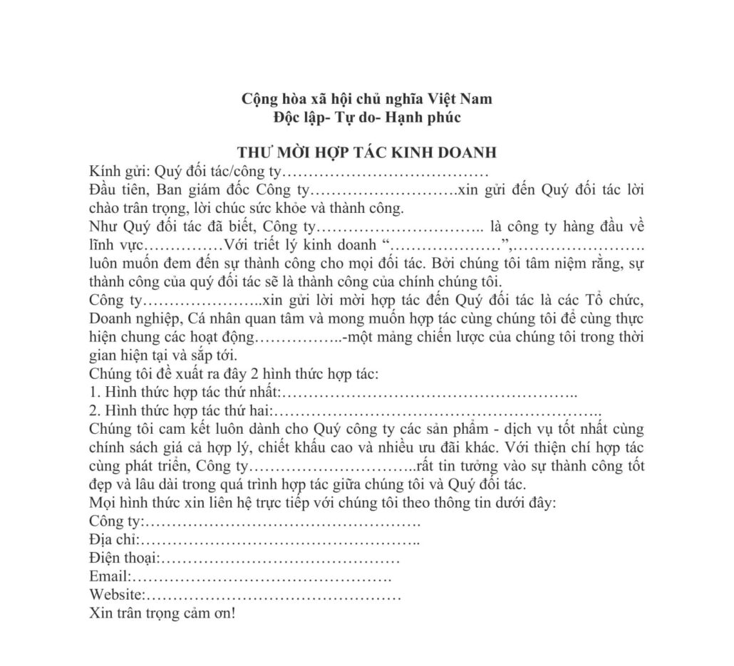 Mẫu Thư mời hợp tác và mẫu thư ngỏ hợp tác kinh doanh