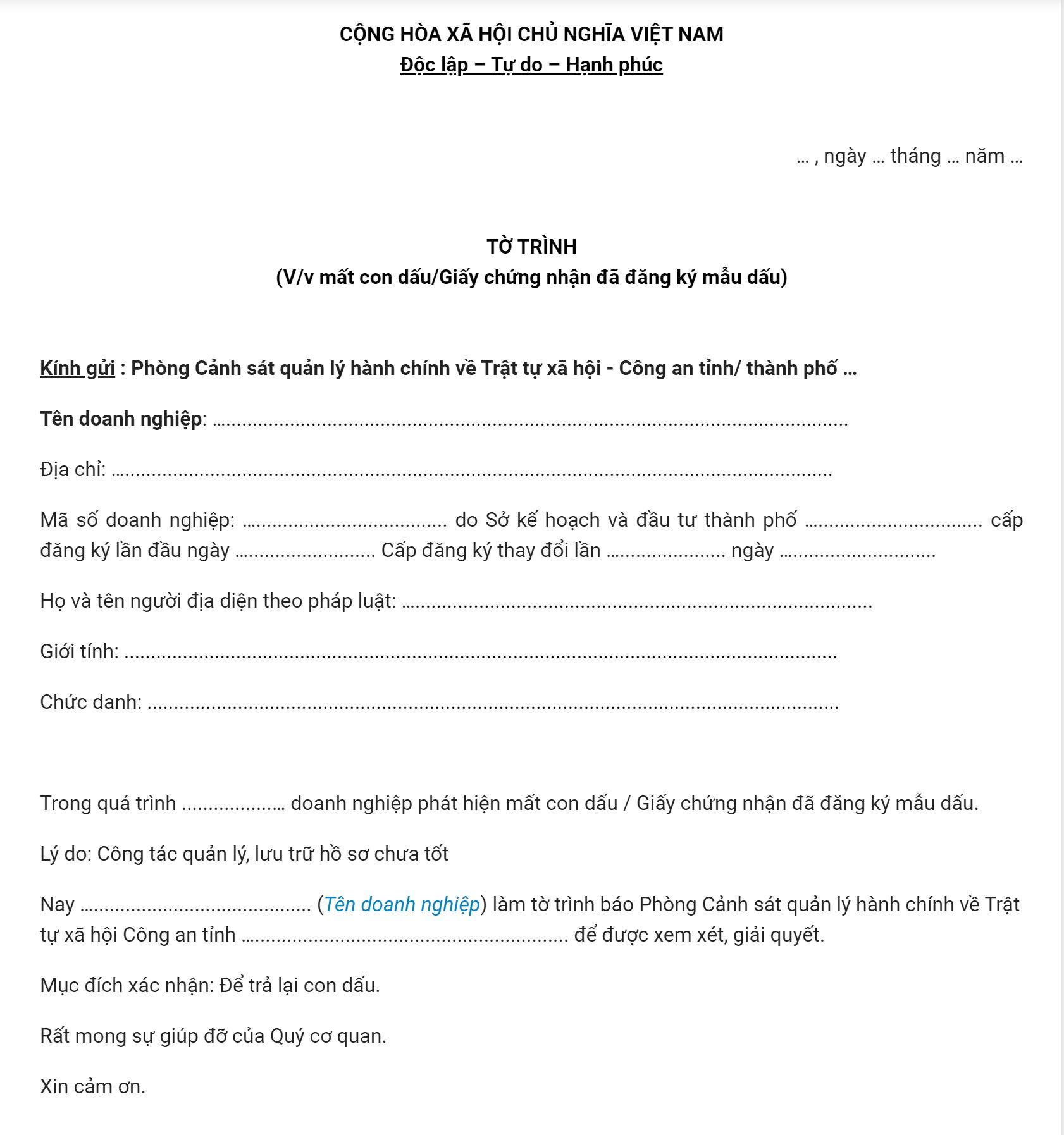 Tờ trình thông báo việc mất con dấu của doanh nghiệp
