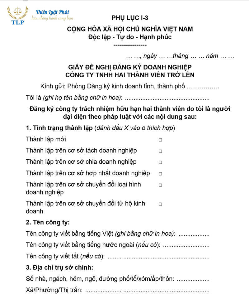 giấy đề nghị đăng ký công ty tnhh 2 thành viên