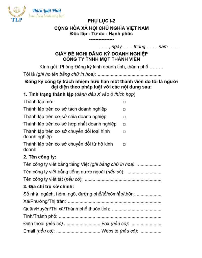 giấy đề nghị thành lập công ty tnhh 1 thành viên
