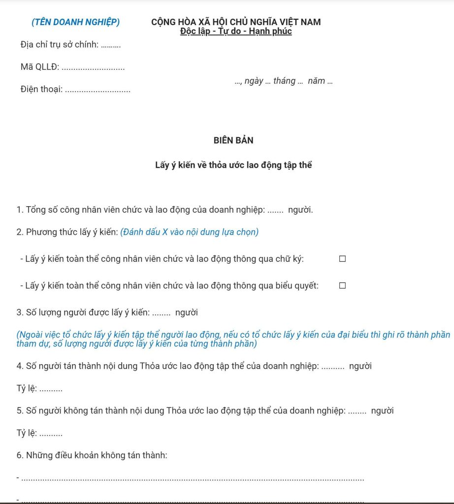 Biên bản lấy ý kiến về thỏa ước lao động tập thể của doanh nghiệp