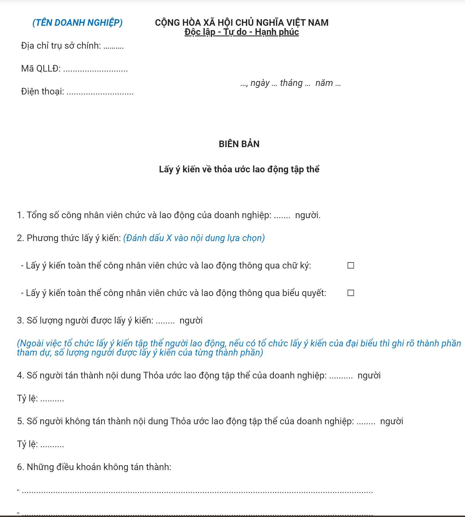 Biên bản lấy ý kiến về thỏa ước lao động tập thể của doanh nghiệp